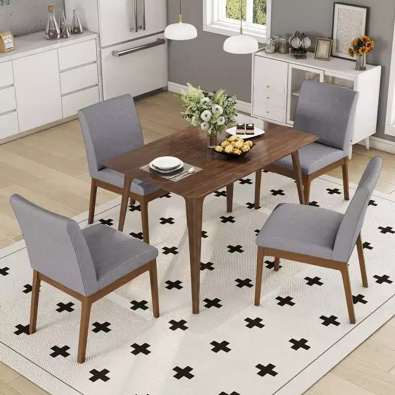 5 Piece Dining Table Set Dining Set Kitchen Table Set with 4 Upholstered Chairs, Mid-Century Modern, Beige/Gray+Walnut-ModernLuxe