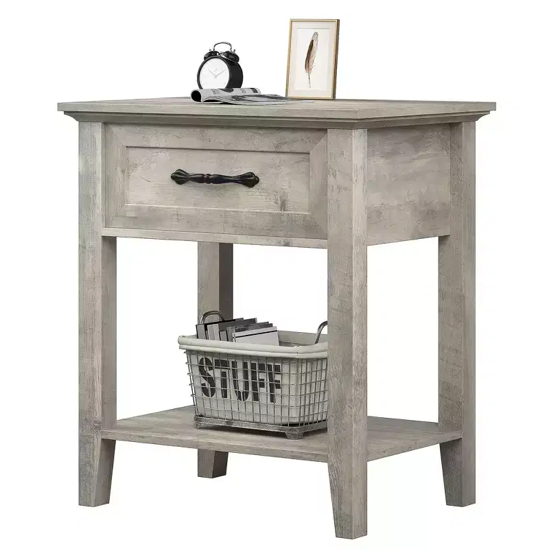 Nightstand End Table Side Table, Drawer and Storage Shelf Wood Bedside Table, 2 Tiers Storage Shelves Bedside Table