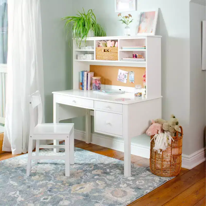 Guidecraft Madison Kids Desk with Hutch and Chair Set - White: Kids Wooden Bedroom Writing Table with Storage, Wood Study Table for Kids with Hutch