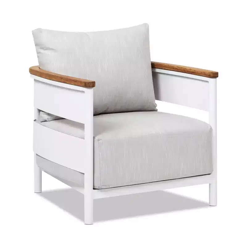 Jennifer Taylor Home Rhodes 29 Upholstered Teak & Aluminum Patio Arm Chair, Birch Gray Chenille