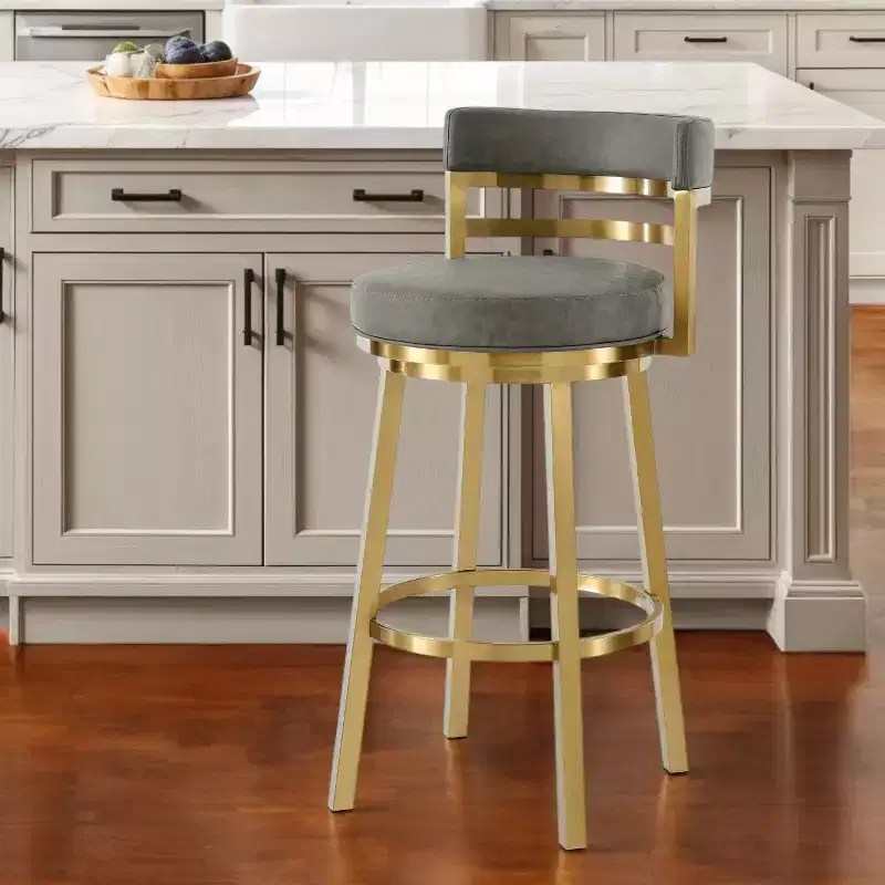 HomeRoots 26 Gray and Gold Faux Leather and Stainless Steel Low Back Counter Height Swivel Bar Chair