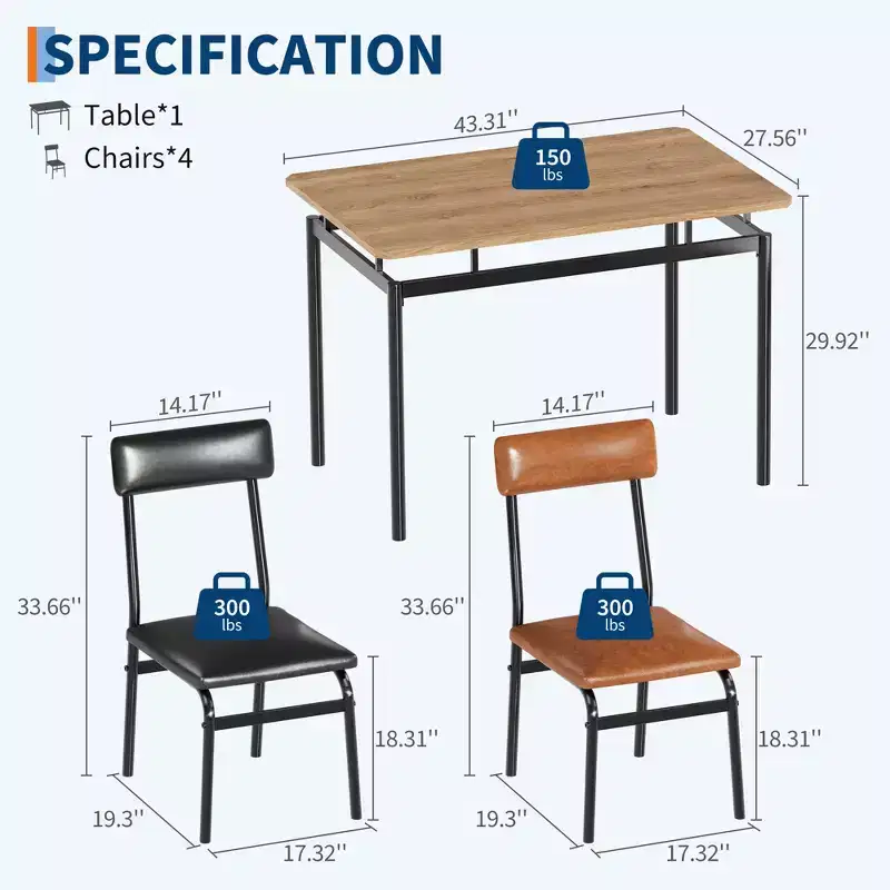 5 Piece Dining Table Set, Wooden Kitchen Table Set with 4 PU Upholstered Chair, Industrial Metal Frame Dinette Set, Brown