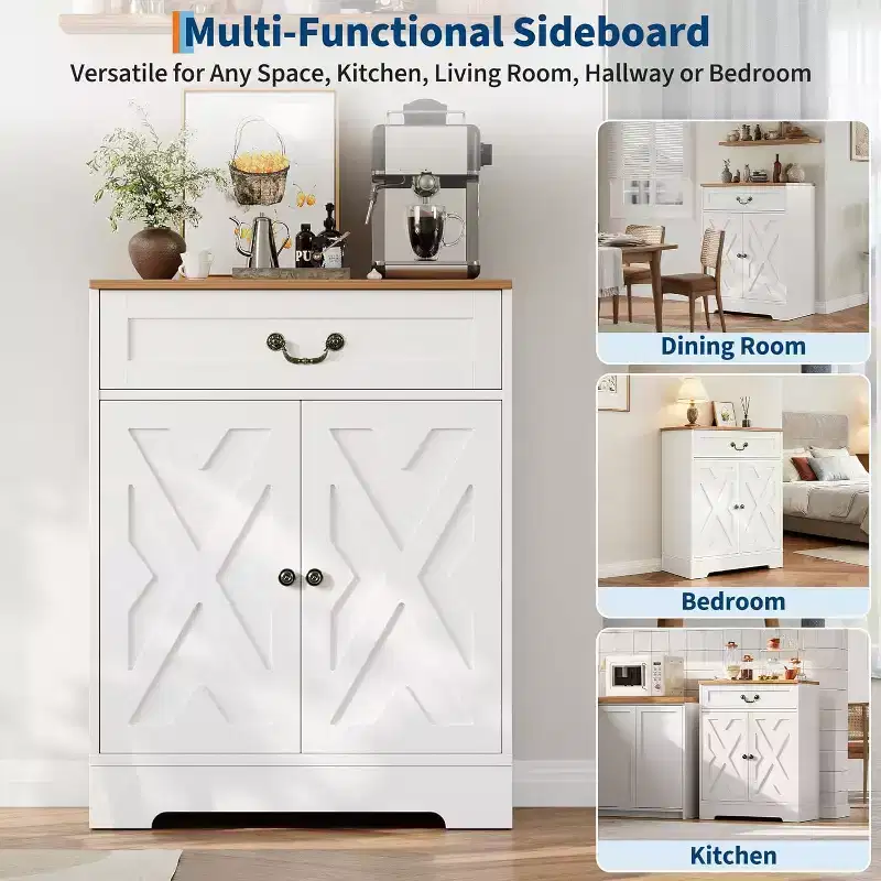 Farmhouse Coffee Bar Cabinet, White, with 2 Doors, Drawer, Adjustable Shelf, 150lb CapacityEasy Assembly for Kitchen, Dining, Entryway