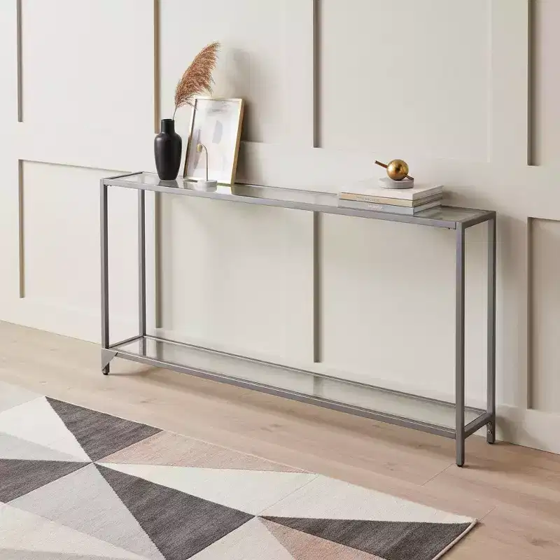56 Clear and Silver Glass Mirrored Floor Shelf Console Table With Storage