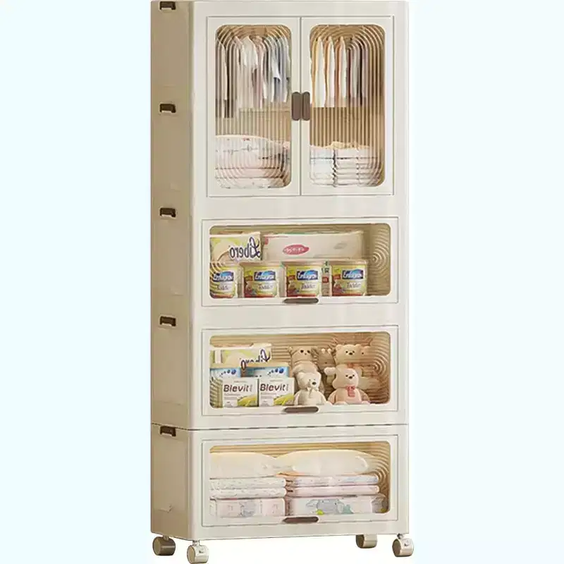 Acekool Kids Wardrobe Closet with Doors & Wheels, 4-Tier Portable Storage Cabinet with Hanging Rod & Hangers, Organizer for Nursery or Bedroom