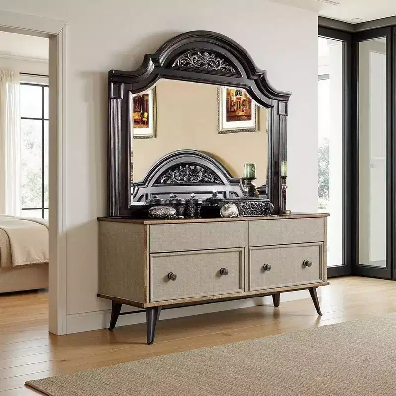 Dresser Mirror, 49 Inch Carved Floral Walnut Brown Solid Wood