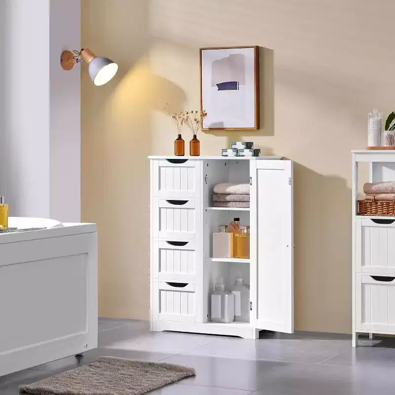 White 4-Drawer 1-Cupboard Wooden Floor Cabinet, Freestanding Entryway Console Table Bathroom Storage Organizer
