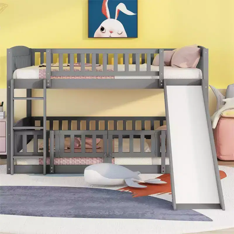 Full Size Wood Bunk Bed with Slide, Safety Fence and Ladder