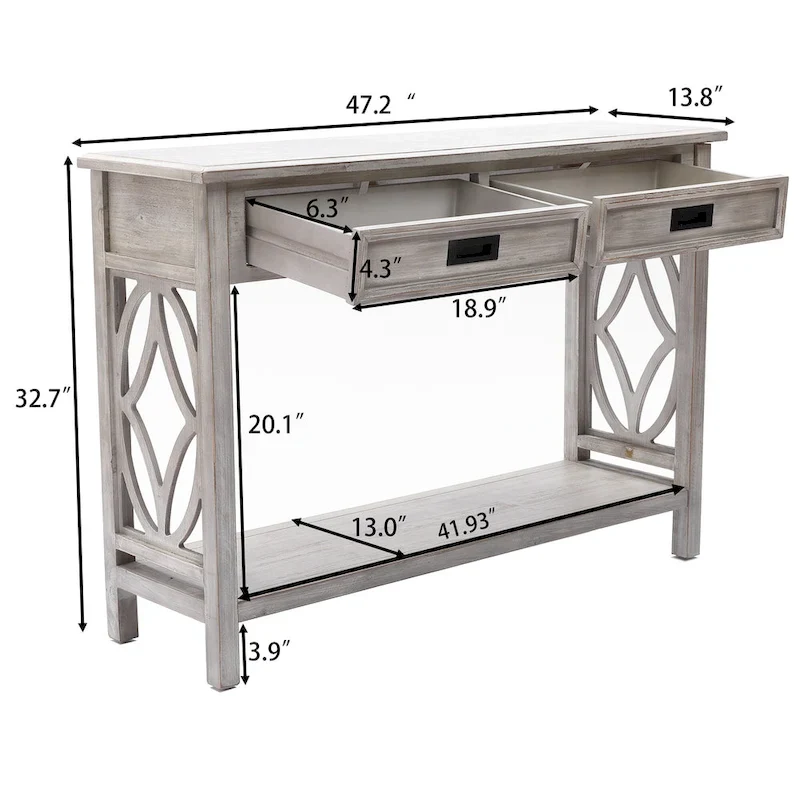 2-Drawer 1-Shelf Console Table, Grey Washed Wood, 32.7