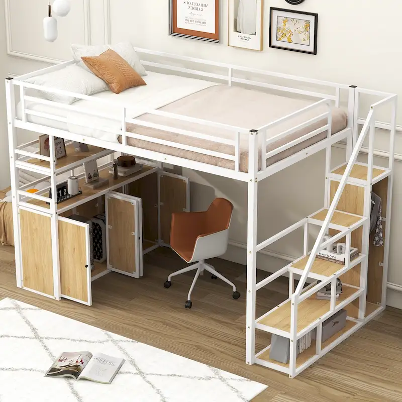 Full Size Metal Loft Bed with Storage Staircase and Wardrobe, Shelves