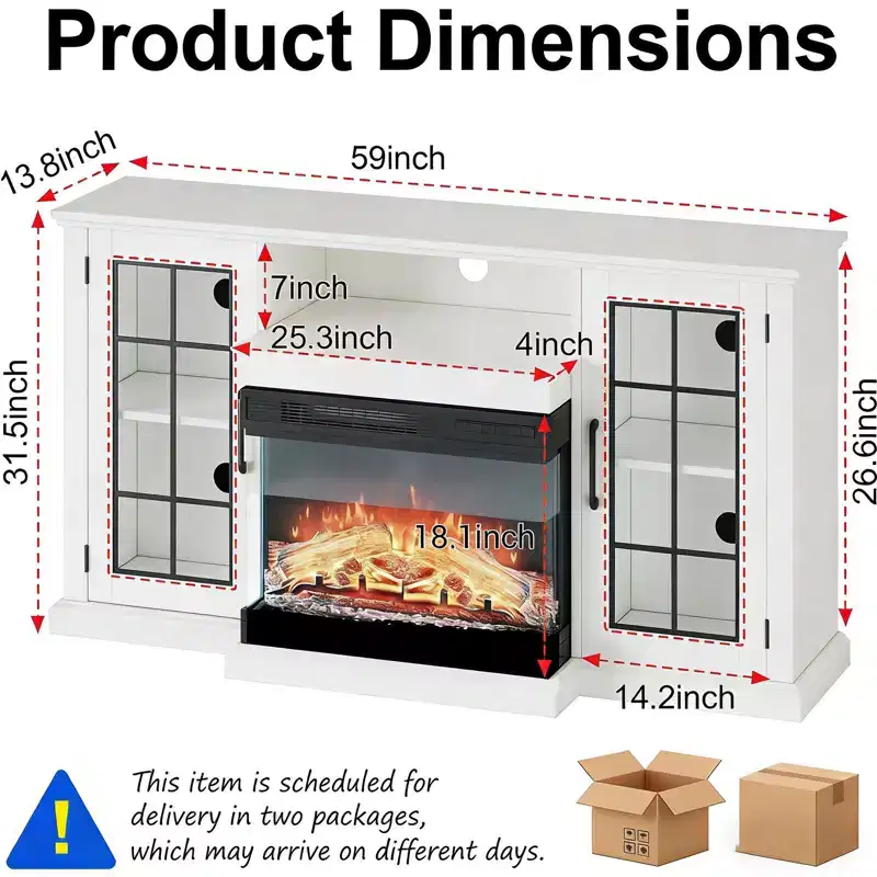 Coolmee 3 Sided Glass Electric Fireplace TV Stand for TVs Up to 65, Media Console with LED Light, Glass Door, Storage, Entertainment Center