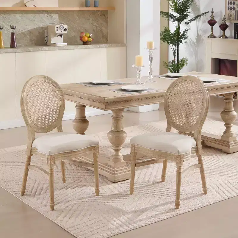 Set of 2 French Rustic Upholstered Dining Chairs with Round Rattan Back, Farmhouse Solid Wood Armless Kitchen Chairs for Dining Room-Panipeachy