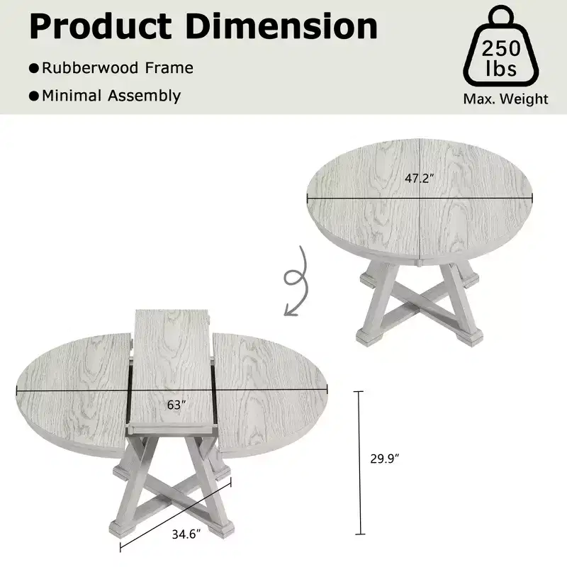 VECELO Round Extendable Dining Table Set, Rubber Wood Table with 4/6 Armless Upholstered Dining Chairs for Kitchen, Gray