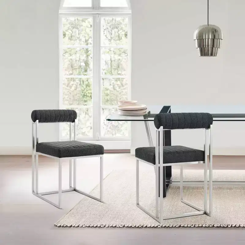 Armen Living Set of 2 Anastasia Brushed Stainless Steel and Fabric Dining Chairs Charcoal