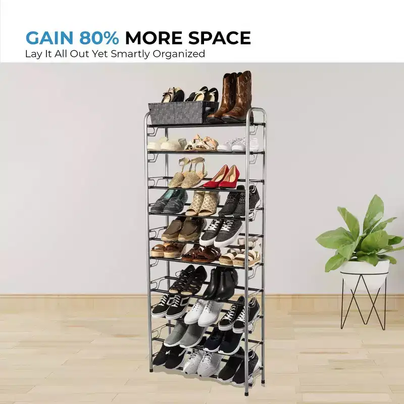 10 Tier Shoe Rack Silver with Black Rough Bars