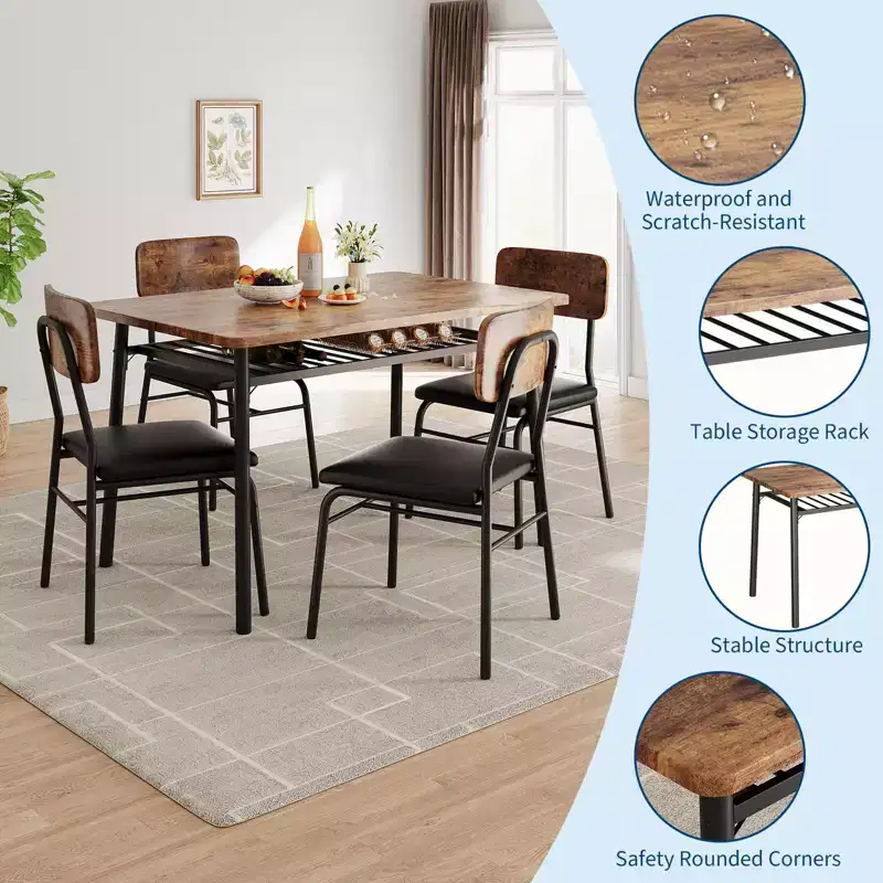 Modern Dining Table Set for 4, 5-Piece Kitchen Table Set with Metal Frame, 4 Padded Chairs & Storage Rack for Small Space, Apartment