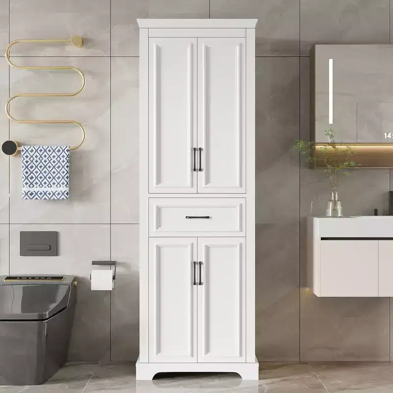 Freestanding Bathroom Storage Cabinet with Drawer, Adjustable Shelves, Damping Hinge Doors, Durable Painted Finish, White