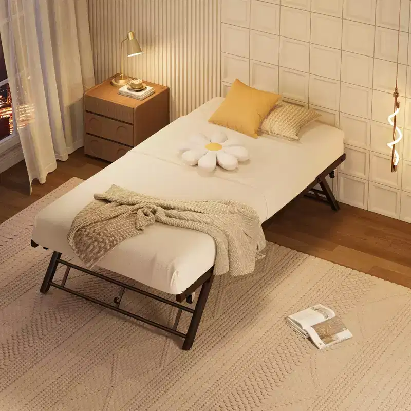 Twin Stand-Up Trundle Day Bed Frame  Pop-Up Lower Bed with Metal Slats & Lockable Casters (Mattress Not Included)