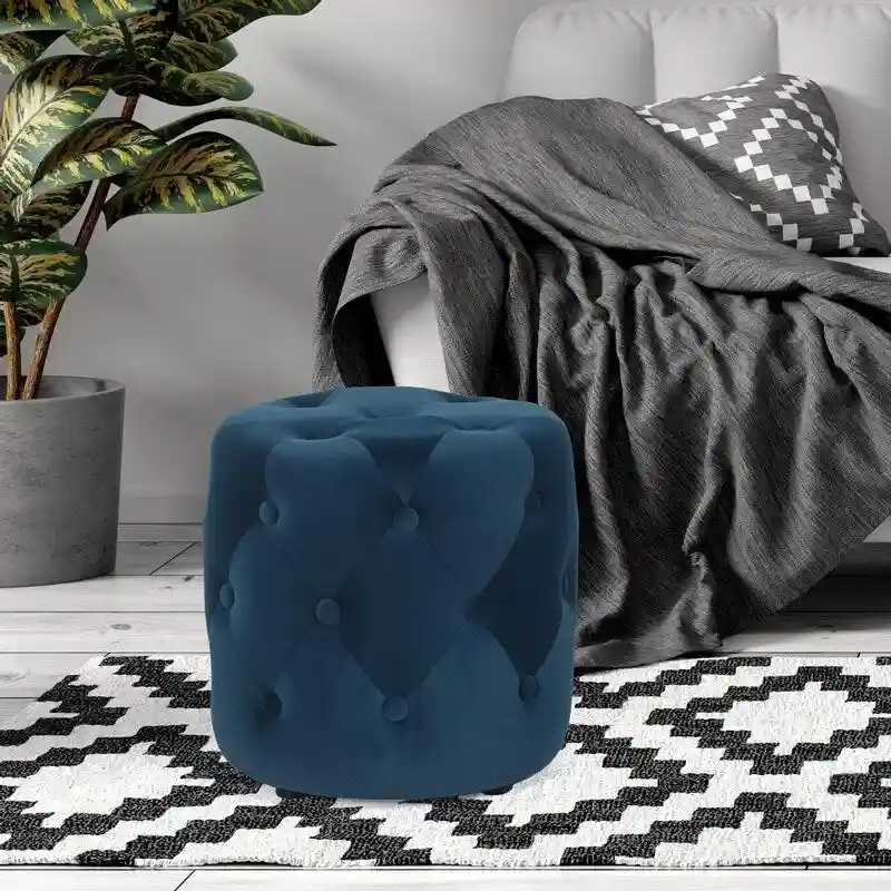 Blue / Green / Grey / Pink Tufted Round Ottoman – Single-Seat Footstool