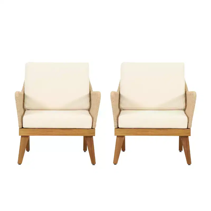 Christopher Knight Home Matthieu Modern Acacia Wood Patio Club Chairs with Cushion and Rope Detail (Set of 2)