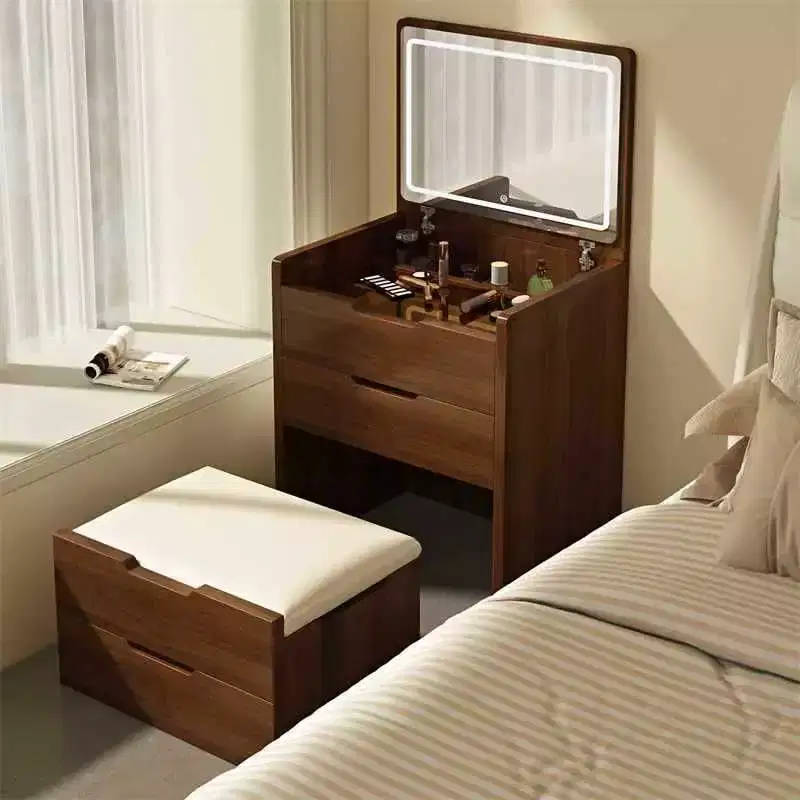 Okak 3-In-1 Vanity Table with Plip Top Mirror, Compact Vanity with Visible Glass Desktop and Cushioned Tool, Vanity Desk for Bedroom