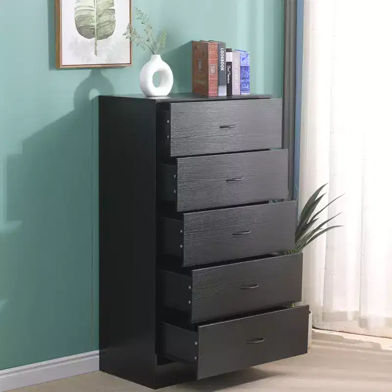 5 Drawer Dresser for Bedroom Tall Modern Chest of Drawers Steel Frame MDF Storage Black