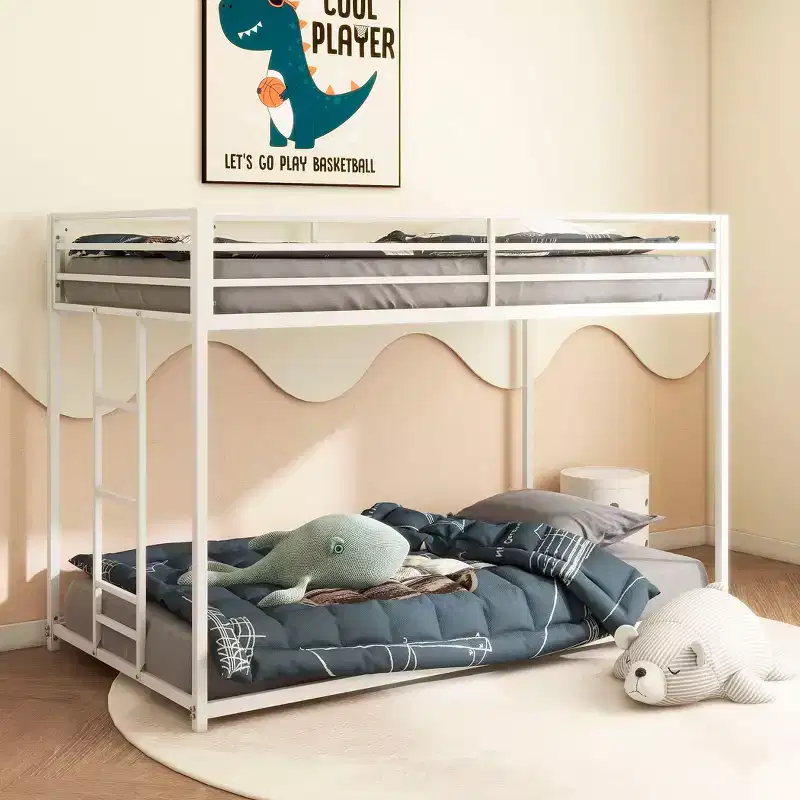 76.69IN Twin-Over-Twin Kids Bunk Beds with Metal Frame, Low Profile Bunk Bed with Ladder and Guardrails, Bed Frames for Bedroom, White