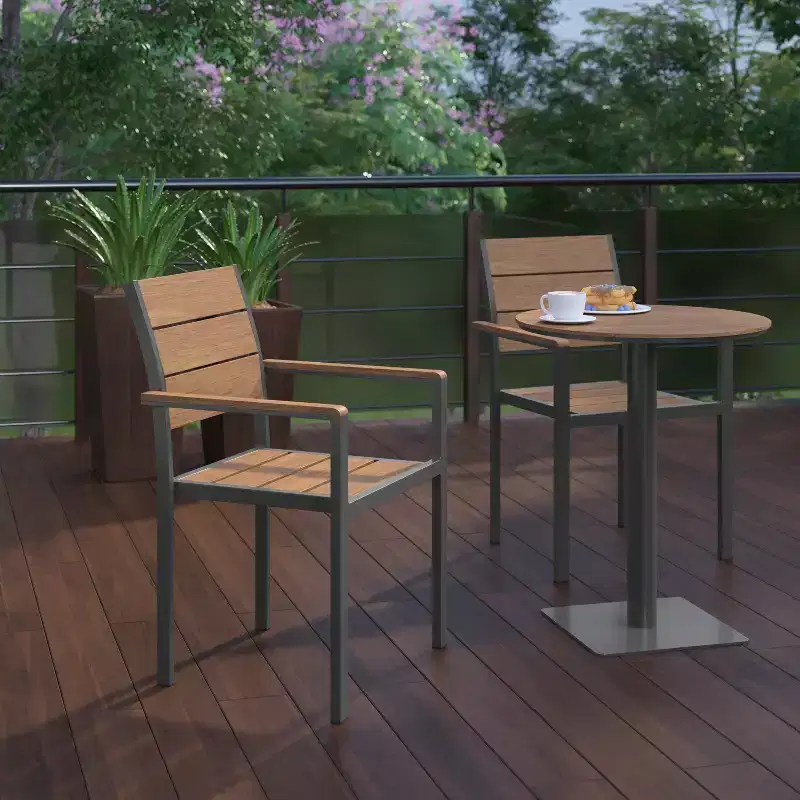 Flash Furniture Finch Commercial Grade Patio Chair with Arms, Stackable Side Chair with Faux Teak Poly Slats and Metal Frame