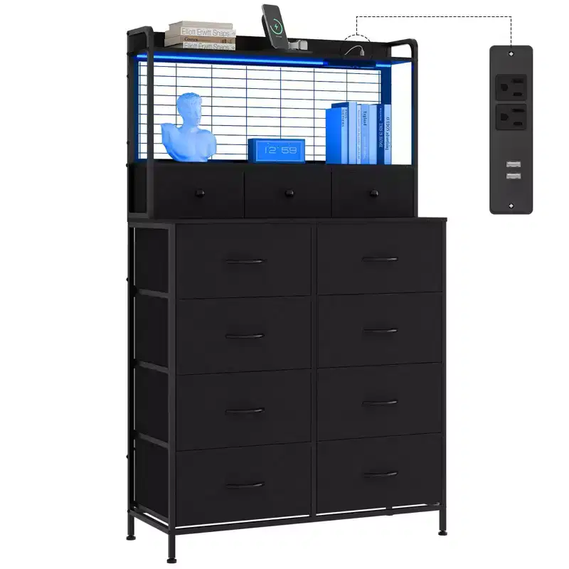 56 H Dressers with 11 Fabric Drawers, Wooden Chest of Drawers with Charging Station, Industrial Storage Organizer for Entryway, Bedroom, Brown