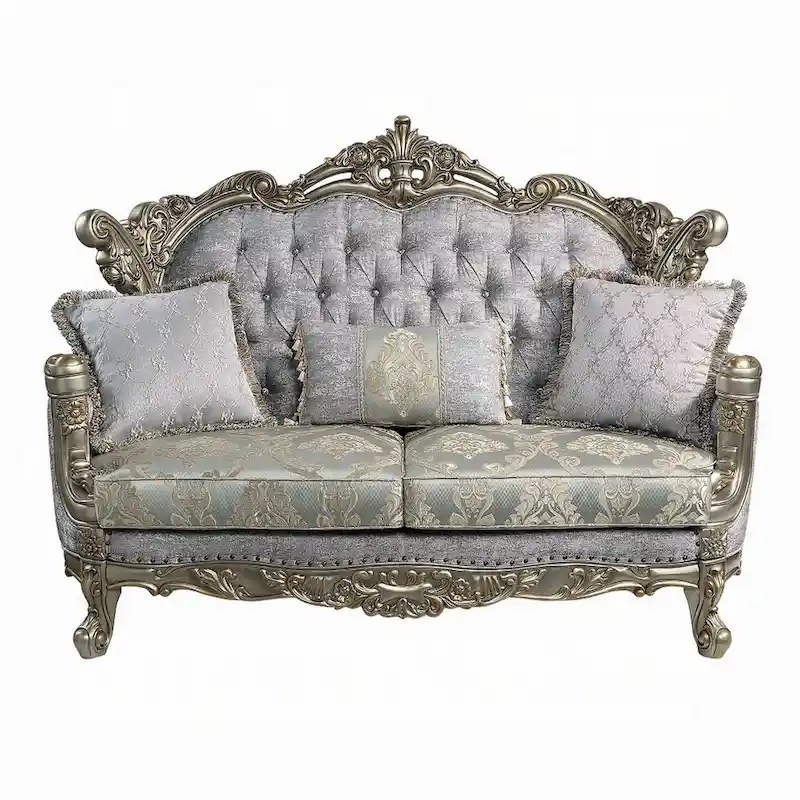 Loveseat with 3 Pillows, Gray Fabric, Antique Bronze Finish, 73 Inch