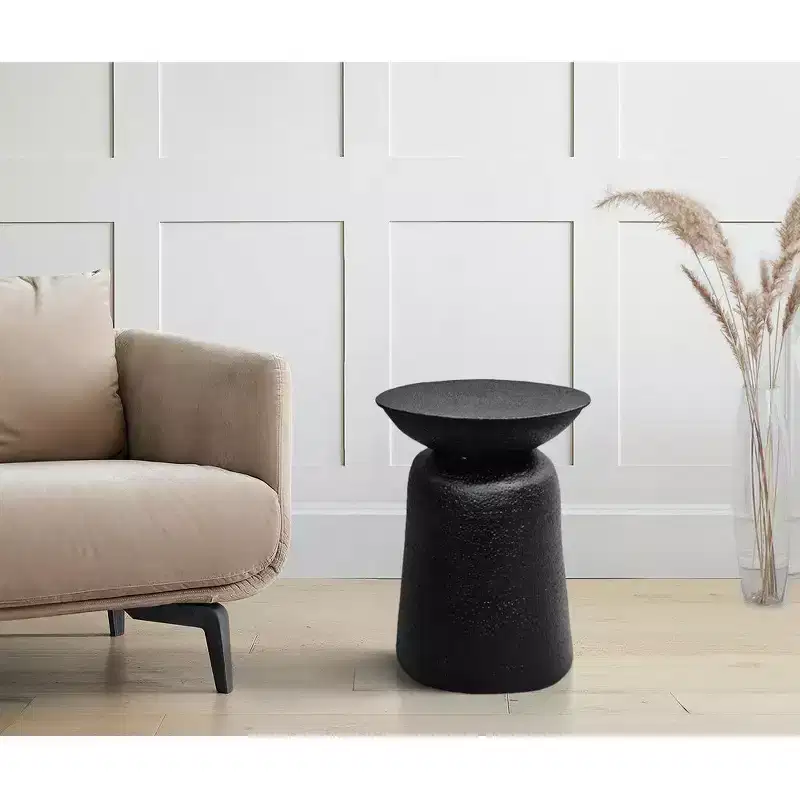 21 Inch Round Side End Table, Handcrafted Hammered Design, Drum Pedestal Aluminum Base