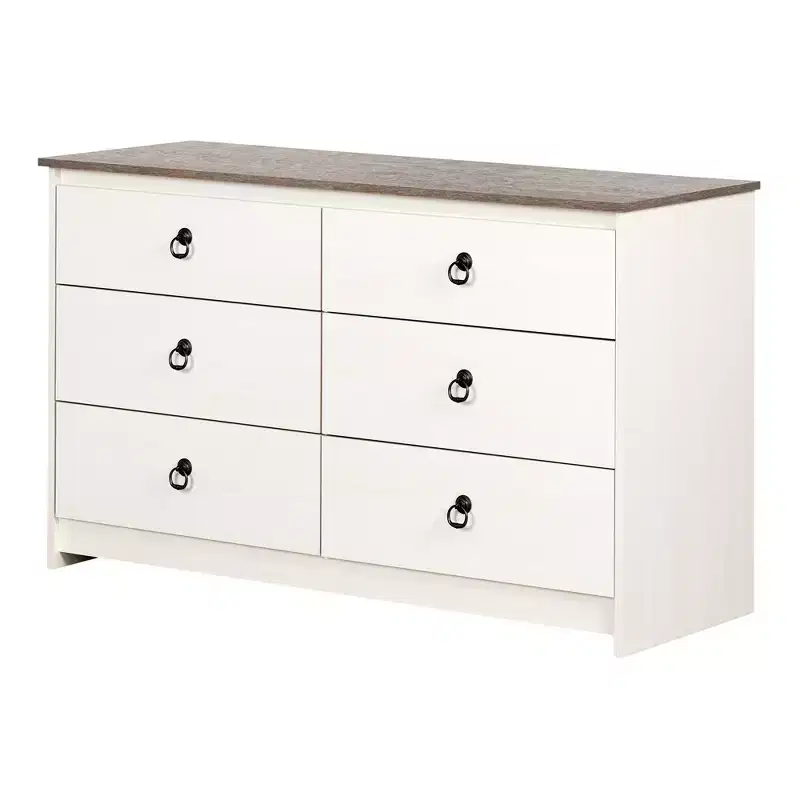 6-Drawer Double Dresser, White Wash & Weathered Oak, Anti-Tip Hardware, 52 Inch Wide