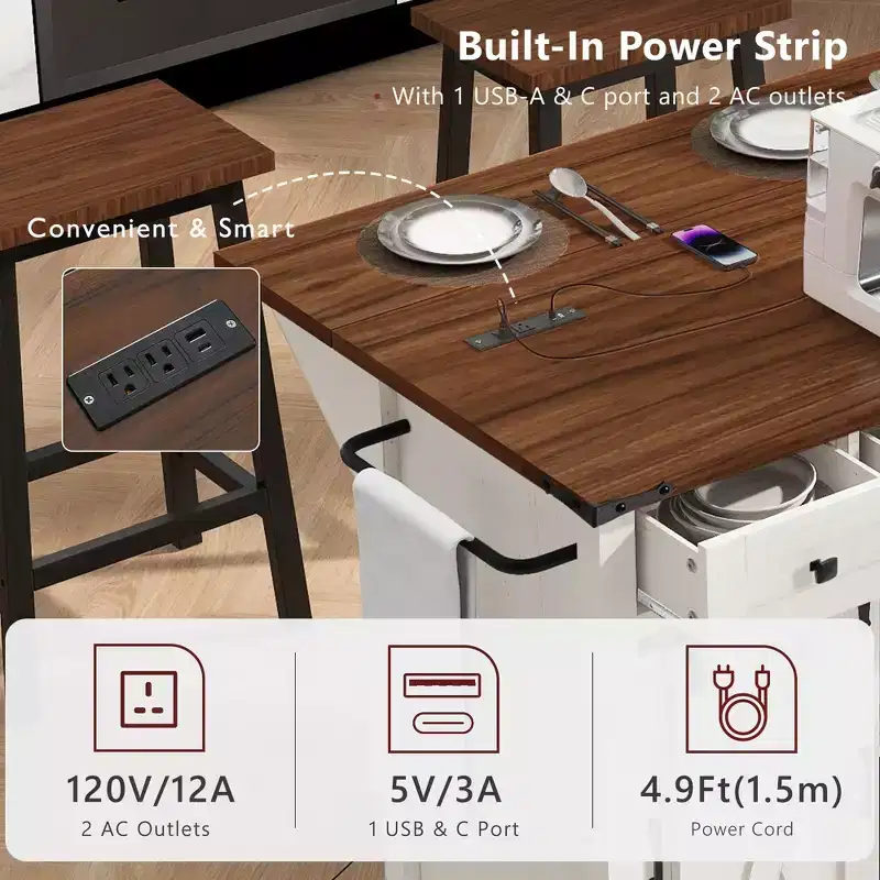 58-Inch Farmhouse Rolling Kitchen Island with Sliding Barn Door, Drop Leaf & Built-In Charging Station