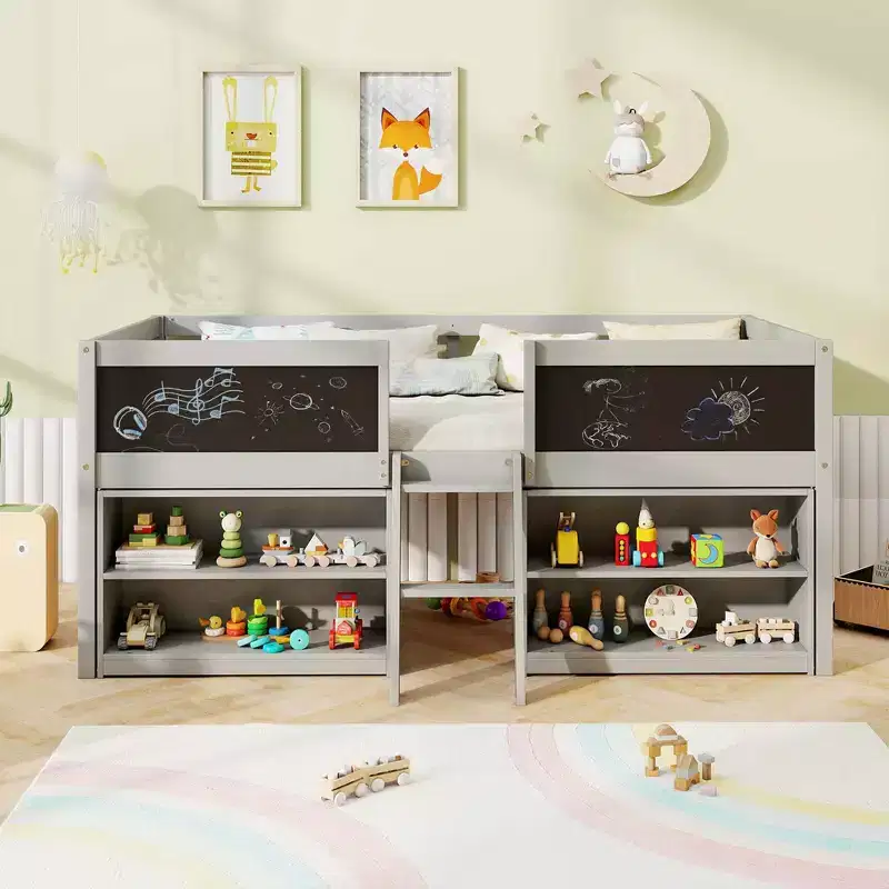 Costway Twin Size Low Loft Bed with Ramp Ladder & Bookcases Full-length Safety Guardrail White/Gray