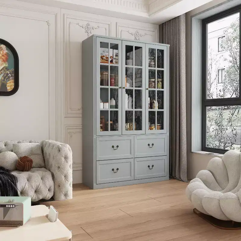 Glass Door Display Cabinet with 4 Drawers, 8 Shelves & Adjustable Interior, Light Gray – 47.2