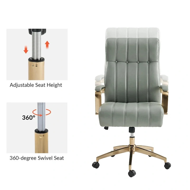Mid-Century Modern Vegan Leather Swivel Tilting Office Chair with Channel Tufted and Metal Feet