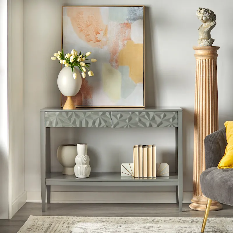 Sofa Table with 2 Geometric Drawers & Open Shelf, MDF & Pine Legs, 43.3