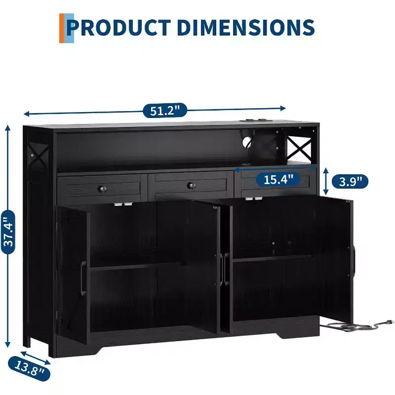 Farmhouse Black Sideboard Buffet Cabinet with Storage Shelf and Built-in Charging Station, 51-inch Large Coffee Bar Hutch,for Living Room,Dining Room