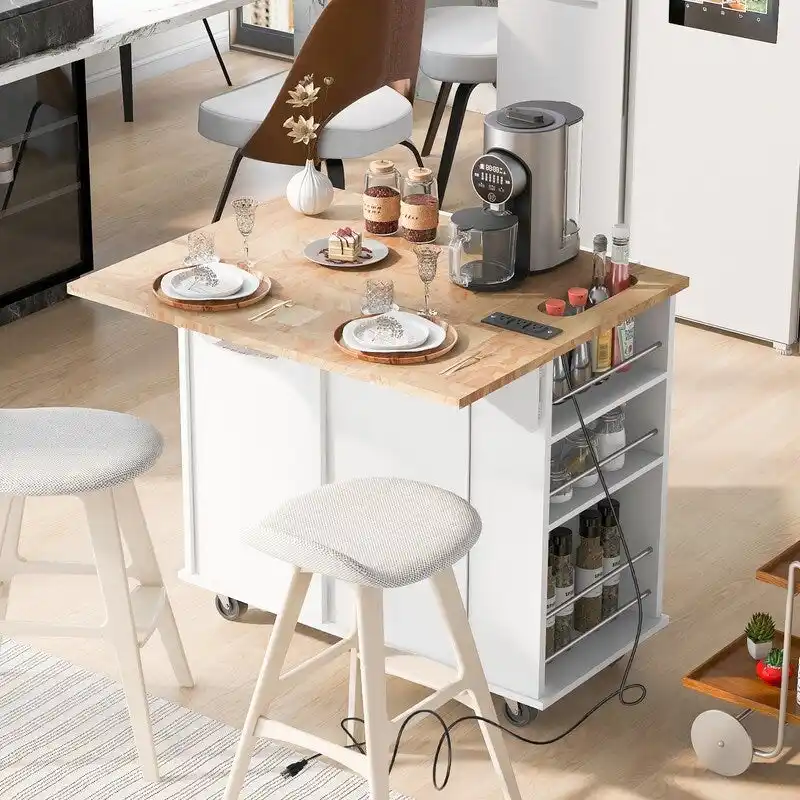 Drop Leaf Rubber Wood Kitchen Island with Power Outlet,Wine Rack