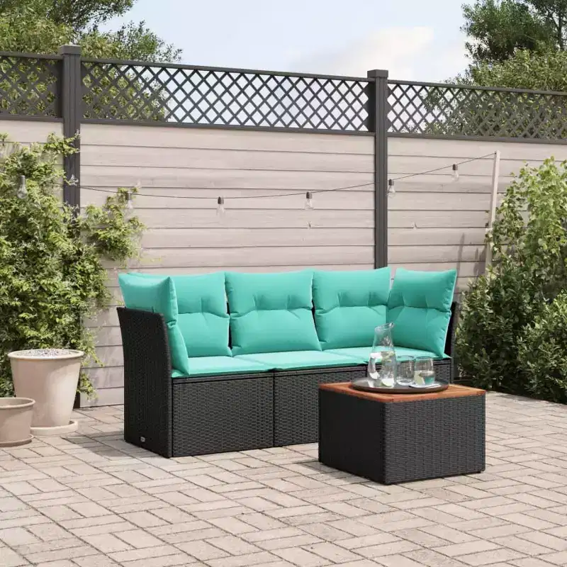 vidaXL 4 Piece Patio Sofa Set with Cushions Black Poly Rattan