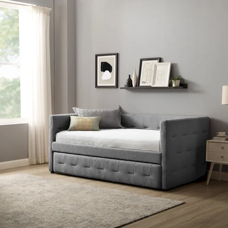 Camel / White / Grey Tufted Velvet Daybed with Pull-Out Trundle, Sleeps 2