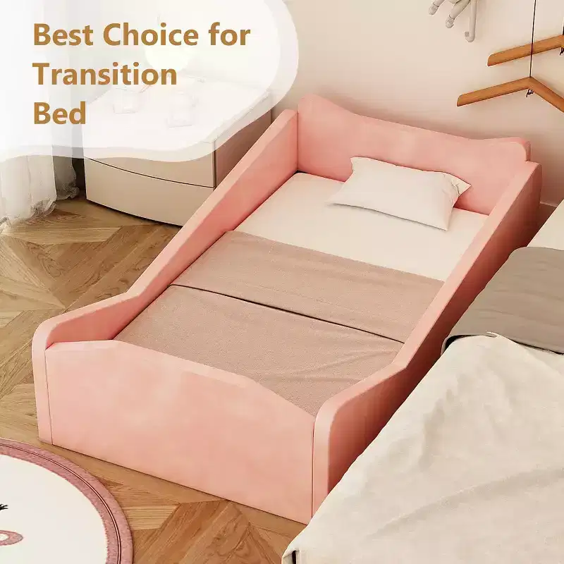 JOYMOR Toddler Bed, Floor Bed with Safety Guadrail, Montessori Toddler Bed with Animal Ear Shapes, Pink