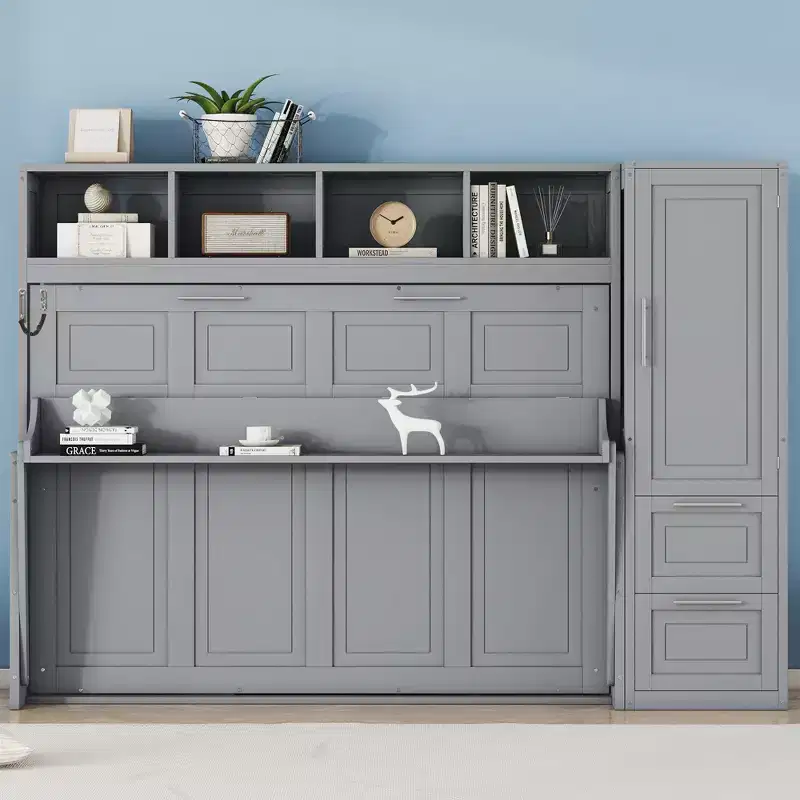 GDFStudio Evans Murphy Bed Wall Bed with Closet and Drawers, Queen Size