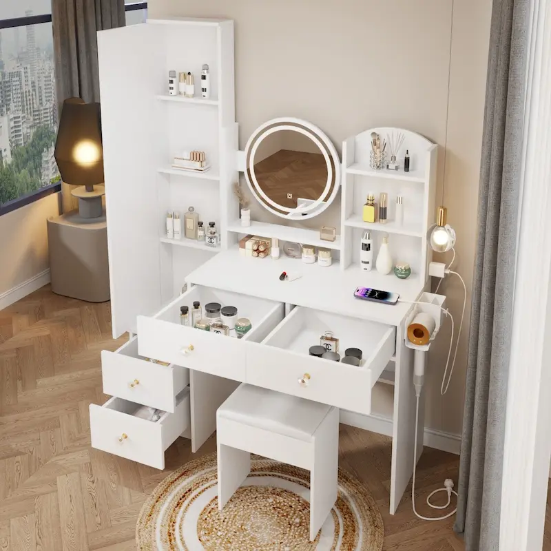 Full Body Mirror Cabinet + Round Mirror LED Vanity Table + Cushioned Stool