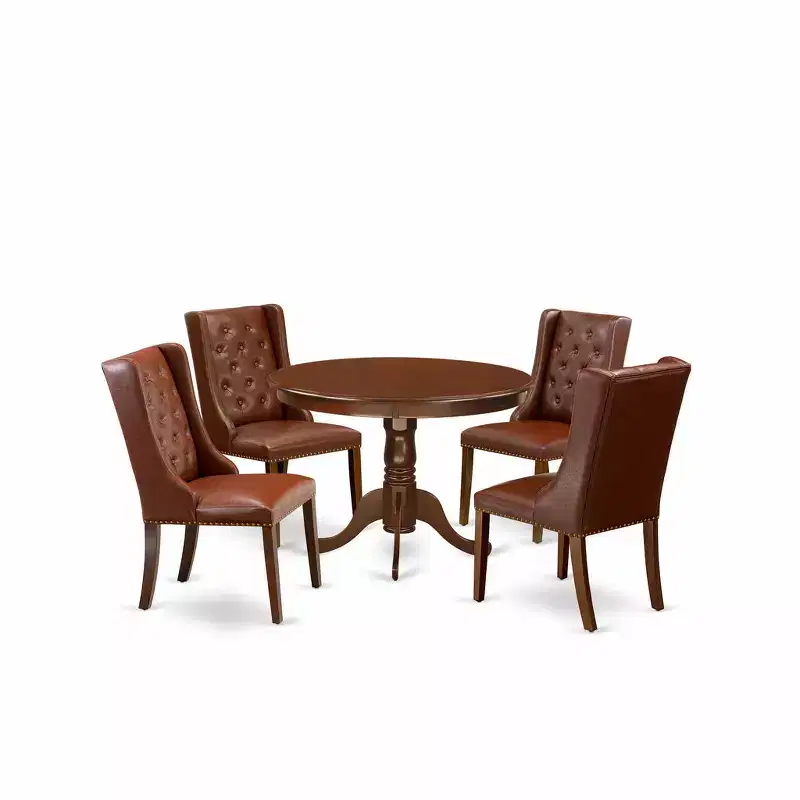 Brown Faux Leather Round Dining Set, 5-Piece, Seats 4