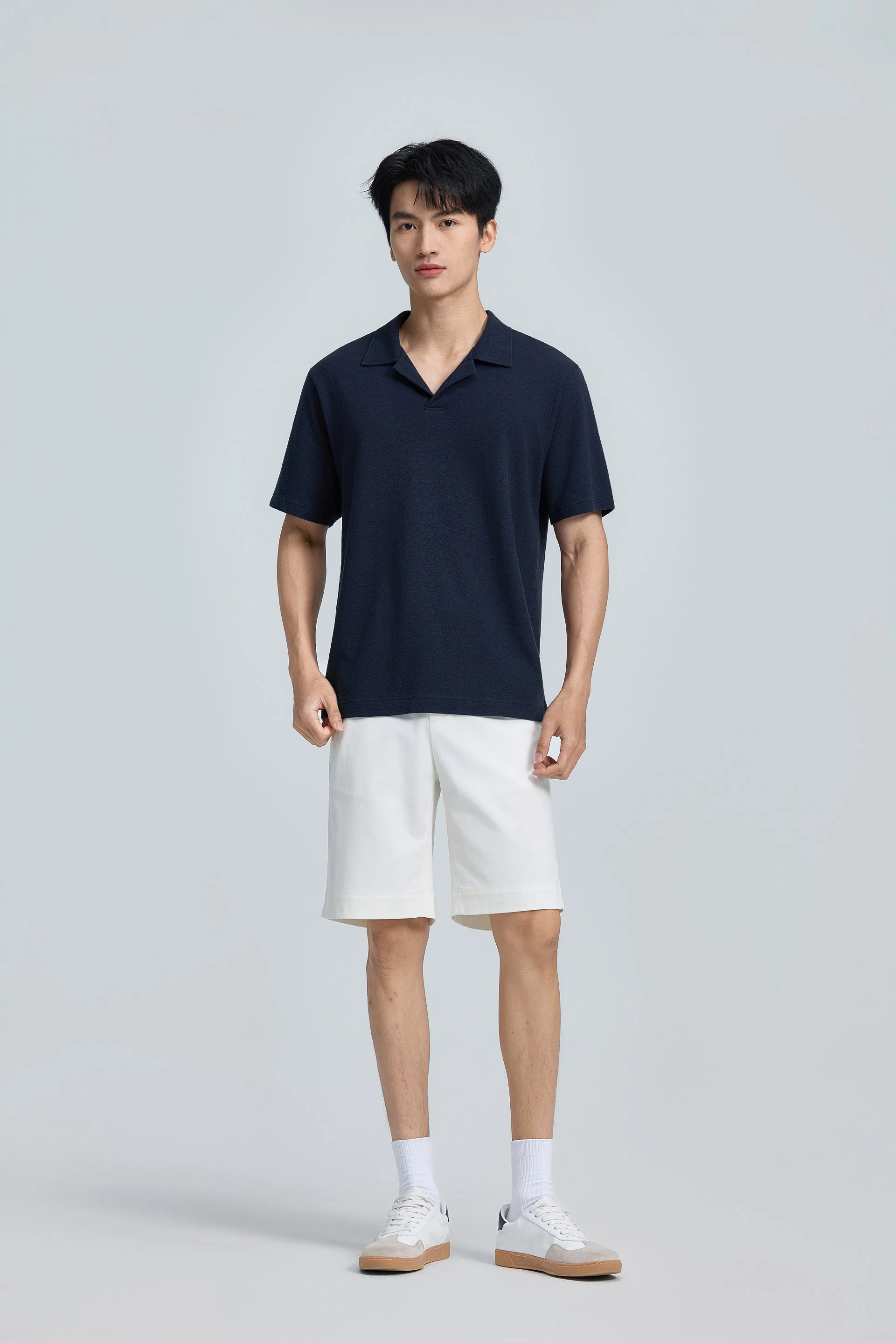 Cotton-Hemp Camp Collar Polo – Navy