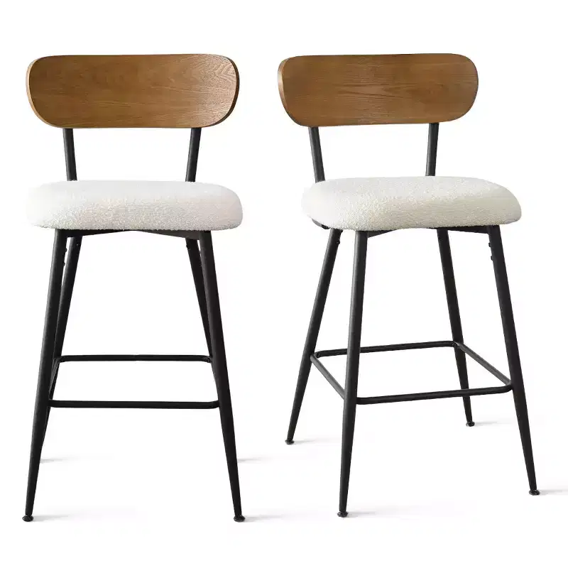 Set of 2 Mid-Century Modern Counter Height Bar Stools, 27 White Boucle Kitchen Chairs with Ash Wood Back