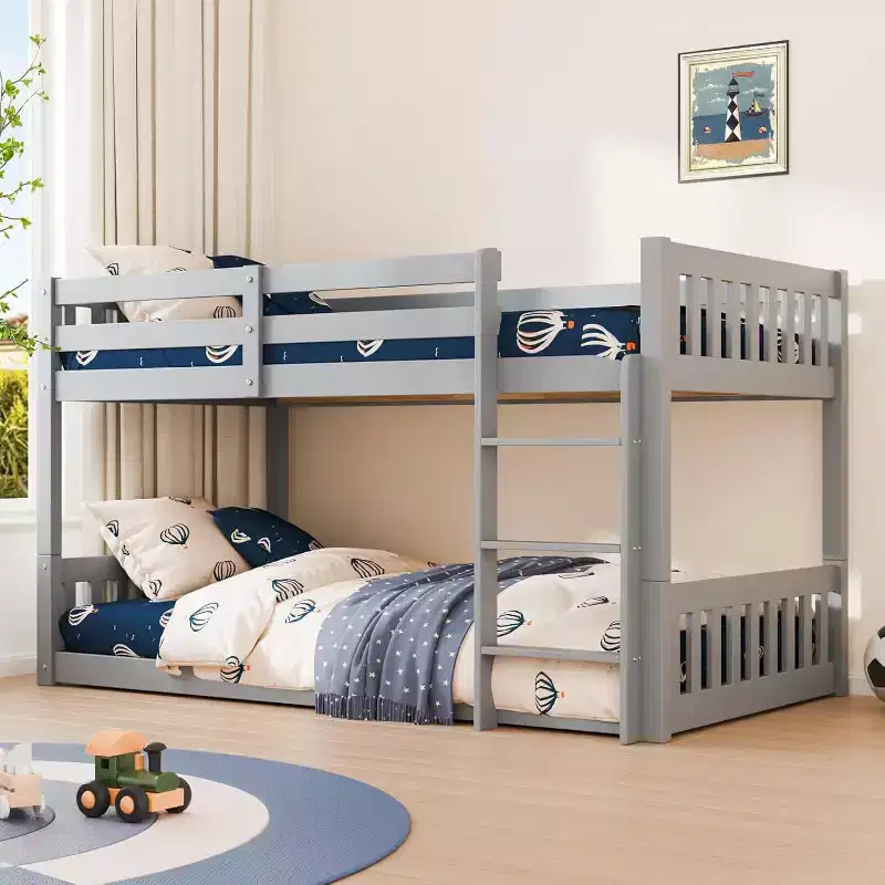JOYMOR Solid Wood Low Twin Over Twin Bunk Bed for Kids/Junior, Bunk Bed Frame with Guardrails & Ladder for Boys Girls, No Box Spring Needed (Gray)