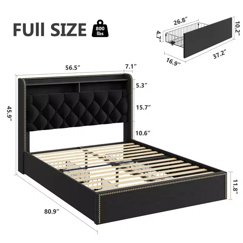 Garvee Upholstered Bed Frame with 4 Drawers, Black Velvet Platform with Tufted Headboard and Nailhead Design, No Box Spring Needed
