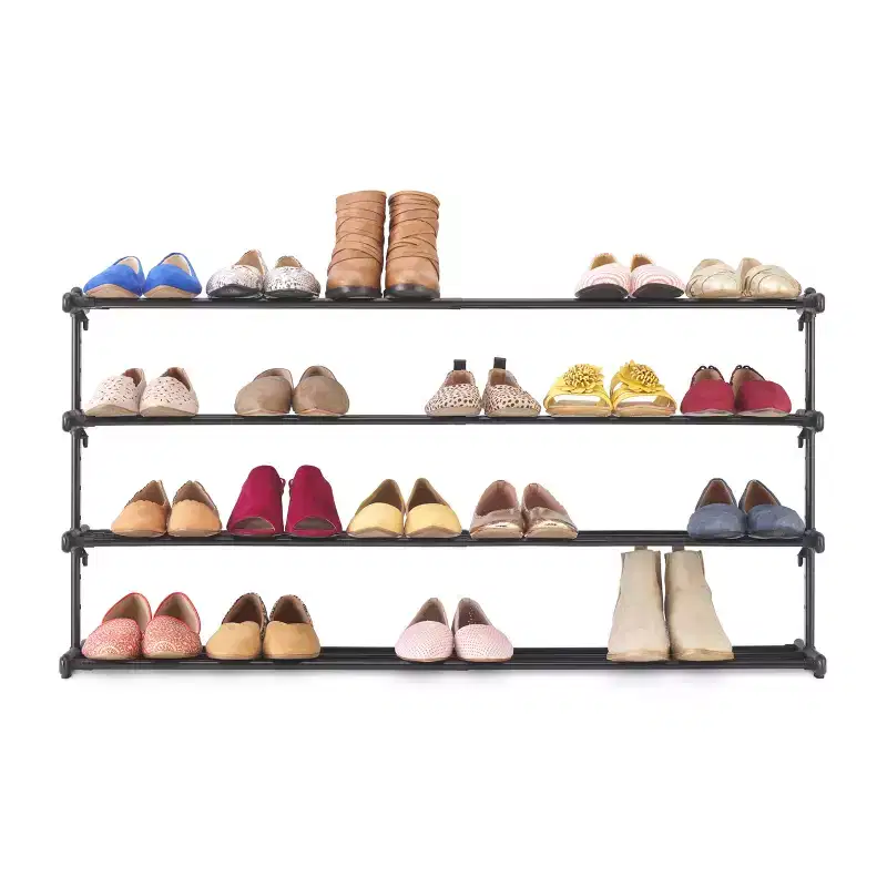 4-Tier Extendable Shoe Rack Black - Steel Frame, Holds 24 Pairs